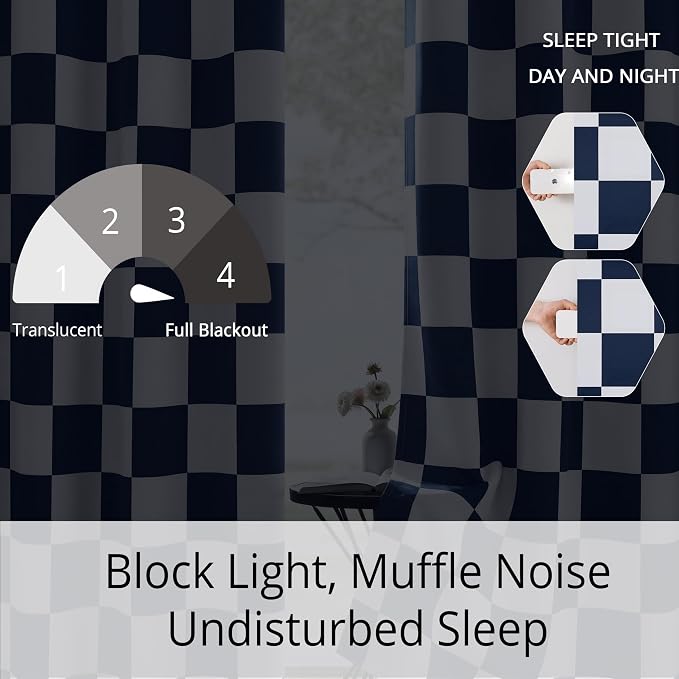 100% Blackout Checkered Curtains – 2 Panels, Each W52×L84, Thermal Insulated, Nosie Reducing for Bedroom (Navy and White Checkered, W52×L63)