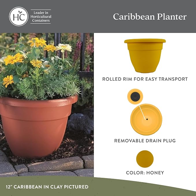 The HC Companies 14 Inch Caribbean Planter Pots with Drainage & Plug, Rolled Rim Plastic Planters for Indoor & Outdoor Plants, 2-Pack Decorative Flower Pots for Garden, Office & Home Decor, Honey