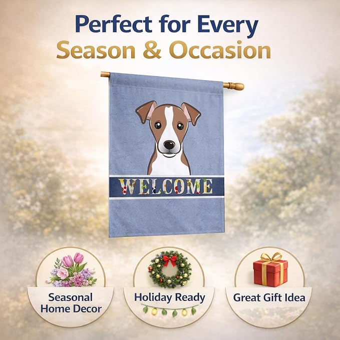 Caroline's Treasures BB1446CHF Jack Russell Terrier Welcome House Flag, Blue Large Porch Sleeve Pole Decorative Outside Yard Banner Artwork Wall Hanging, Polyester, House Size, Multicolor