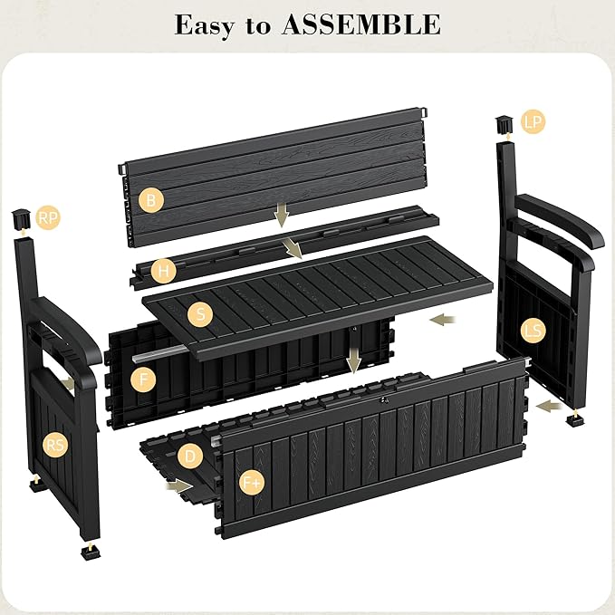 80 Gallon Outdoor Storage Box Waterproof, Storage Outdoor Porch Bench Doubles as 2-Person Bench Seat, Resin Stripes Deck Box for Cushions, Garden Tools and Pool Supplies Black