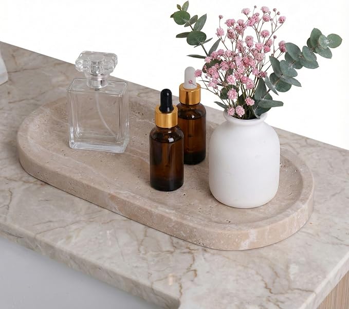 Travertine Vanity Tray for Bathroom Counter, 10"x5" Natural Marble Tray, Hand Polished, Perfume Organizer with Non-Slip Base, Candles, Stone Jewelry Dish (Travertine Beige, 9.8X4.7)