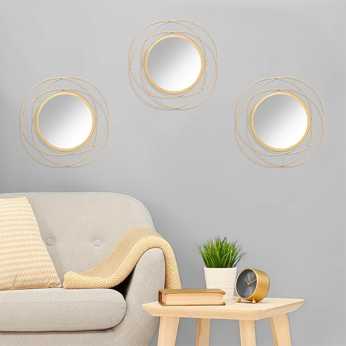 Gold 3 Set Circle Mirrors Wall Decor Wire Metal Mirror Round Mirror Home Decor Hanging Mirror for Room Bedroom Bathroom Entryway 12''