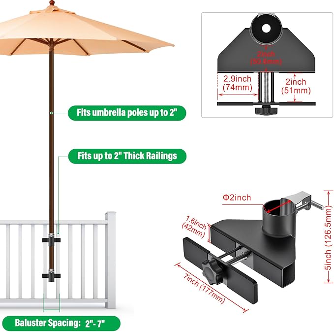 Heavy Duty Deck Railing Umbrella Holder, Adjustable Patio Umbrella Stand for 1-2 Inch Poles, Secure & Sturdy Railing Mount with Locking Pin, Maximizes Deck Space