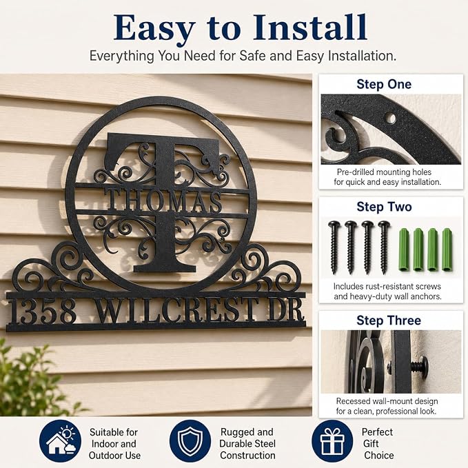 Personalized Metal Address Plaque Custom House Number Sign for Outside Family Name Monogram Wall Decor for Porch Brick Wood Siding Housewarming Gift