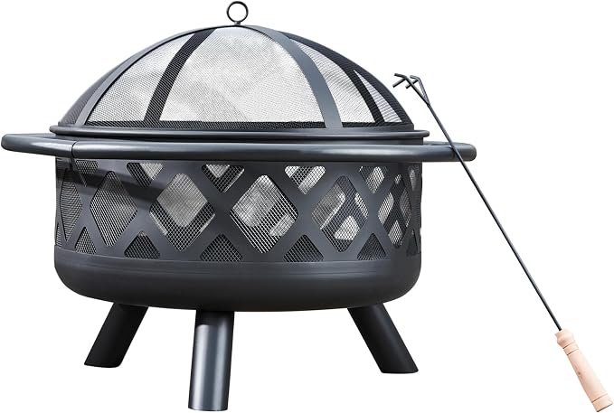 Teamson Home Round Steel Outdoor Fire Pit Outside Wood Burning Firepit Bonfire with Firebowl, Poker, Mesh Screen for Patio Garden Backyard BBQ, 30 Inch, Black | Wood Burning, Includes Firebowl, Poker, Mesh Screen, For Patio Garden Backyard BBQ