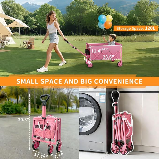 Collapsible Wagon Cart Foldable Beach Wagon with All-Terrain Wheels - 380 LBS Heavy Duty Grocery Cart for Shopping, Beach, Camping, Sports, Garden (Pink)