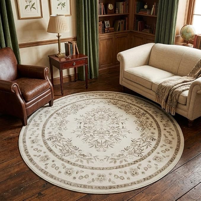 GarveeHome 6ft Floral Round Rug for Living Room Beige Floral Bordered | Dining Floor Carpets Vintage Flower Leaf Throw Rugs Machine Washable Non-Slip Botanical Area Rug for Office Guest Room