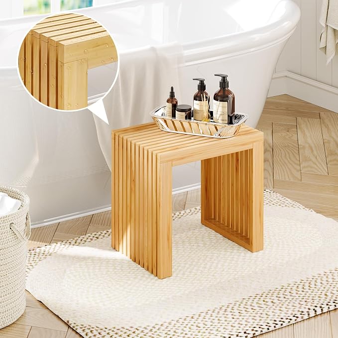 Bamboo Dining Bench, 18'' Slatted Design Entryway Bench, Natural | Modern Solid Bamboo Seating Bench for Indoor & Outdoor Use, Ideal for Kitchen, Hallway, Bedroom
