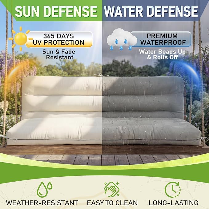 60×40 INCH Outdoor Swing Cushion with Backrest, Tie Straps & Memory Foam - Replacement for Porch Bench 2/3 Seater, Oxford Fabric (Cream, 60 INCH × 40 INCH)