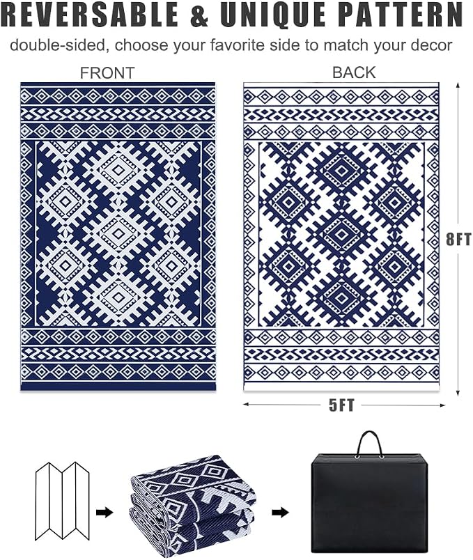 Pendolr 5’x8’ Outdoor Rug Waterproof Carpet Patio Mat Outdoor Plastic Straw Rug Camping Rug Reversible Outside Outdoor Area Rug for Balcony Deck Backyard RV Picnic Beach Navy&White 03#