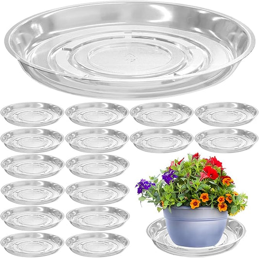16 Packs 16 Inches Large Clear Plant Saucers for Indoor Outdoor Use Heavy Duty Plastic Plant Trays for Planter Flower Pot Drip Trays to Catch Water, 4 to 20 Inch, Round Transparent