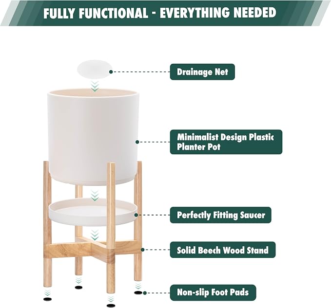 D'vine Dev Planter Pot with Stand - 8 Inch Plastic Cylinder Flower Pot with Wood Planter Holder for Indoor, Oatmeal Pot + Natural Stand, 55-C-J-4