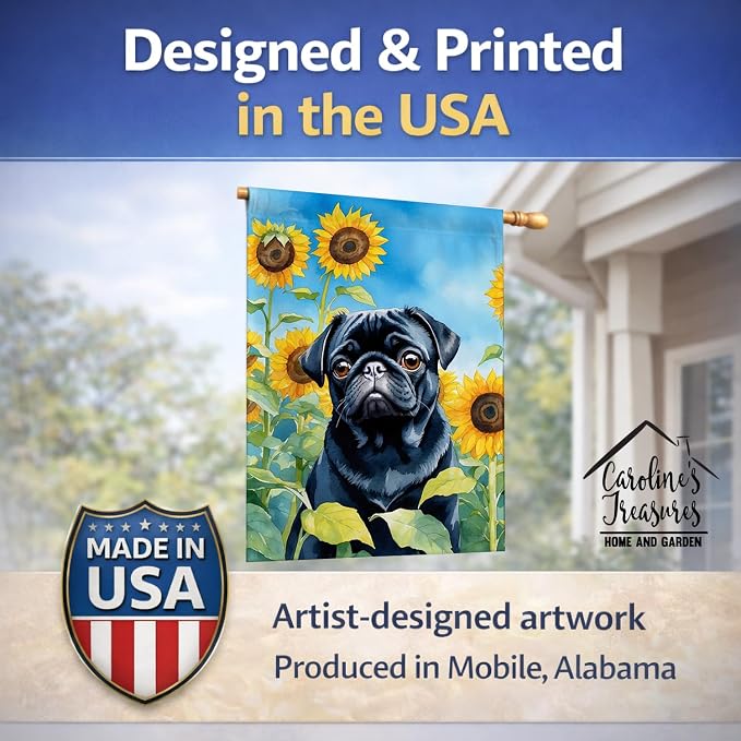 Caroline's Treasures DAC6144CHF Pug in Sunflowers House Flag Large Porch Sleeve Pole Decorative Outside Yard Banner Artwork Wall Hanging, Polyester, House Size, Multicolor