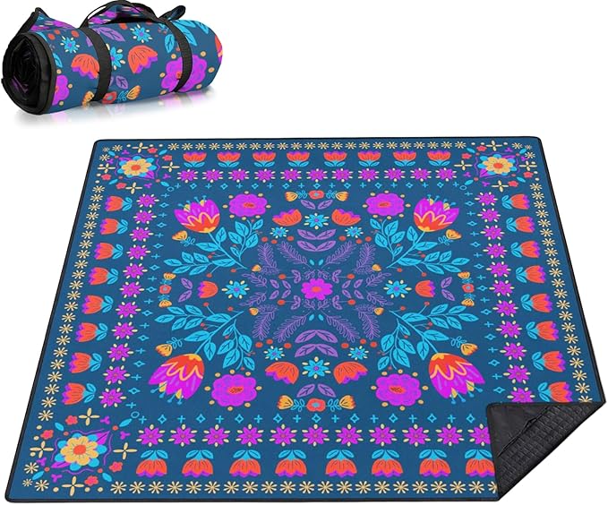 Picnic Blankets Extra Large Waterproof, 80"x 80" Dark Floral Beach Mat with Corner Pockets Windproof Sandproof Foldable Portable 3-Layer Mat Darker for Wet Grass,Parks,Music Festival,Camping,Concerts