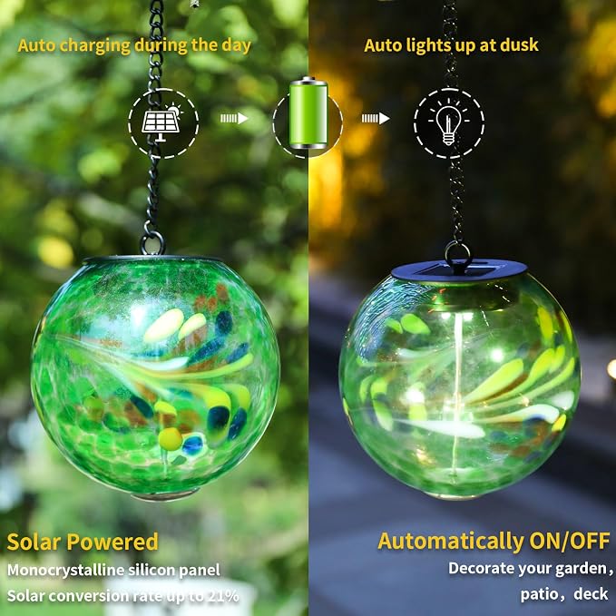 VCUTEKA Glass Solar Lanterns Outdoor Green Hanging Solar Lights for Outside | Solar Lanterns Outdoor Waterproof with Hook, Energy-Efficient LED White Glass Gazing Ball Lights for Garden, Yard Decor