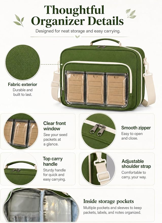 Seed Storage Organizer Bag with 30 Reusable Envelopes & 30 Protective Sleeves, Portable Garden Binder for Vegetable, Flower & Herb Packets, Green