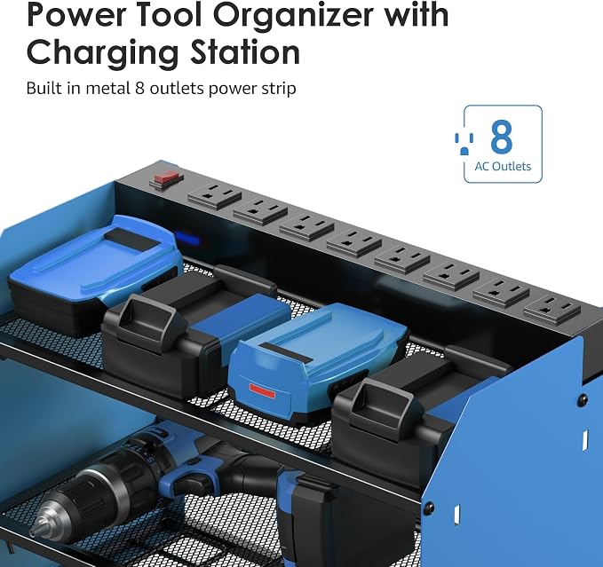 CCCEI Wall Mount Modular Tool Charging Organizer, Blue, 1 Pack, 3 Tier. | Drill Battery Storage Rack with Hooks, Garage Workshop, Gifts for Men, Dad, Husband Anniversary, Birthday, Christmas