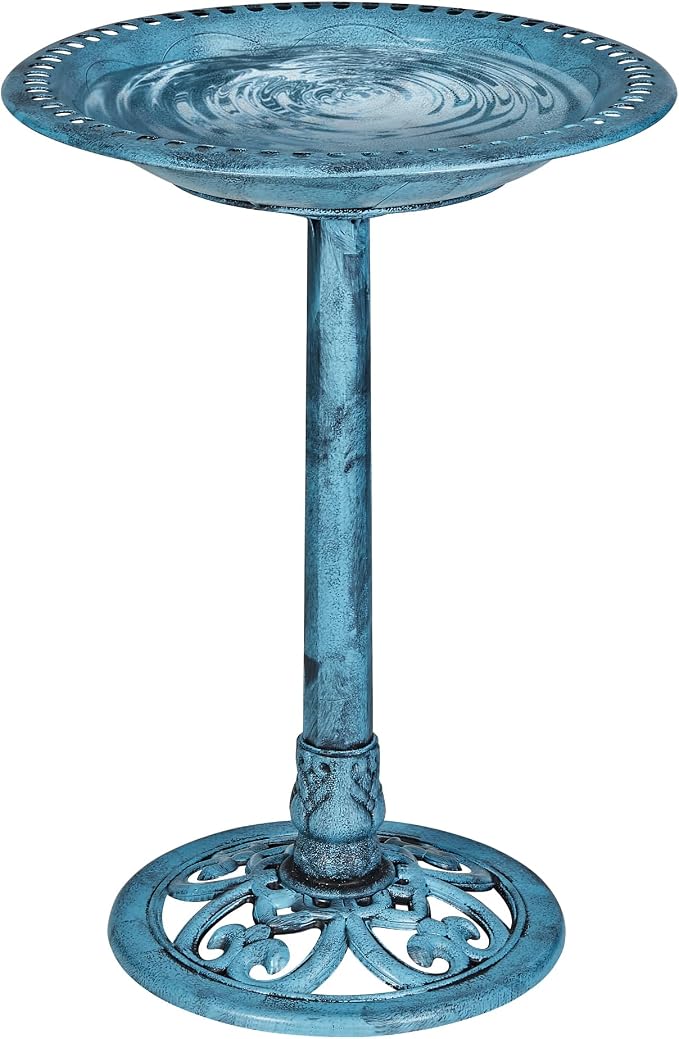 VECELO 28" Pedestal Outdoor Bird Bath for Outside, Vintage Bronze Polyresin Lightweight Antique, Yard/Garden Decoration, Blue
