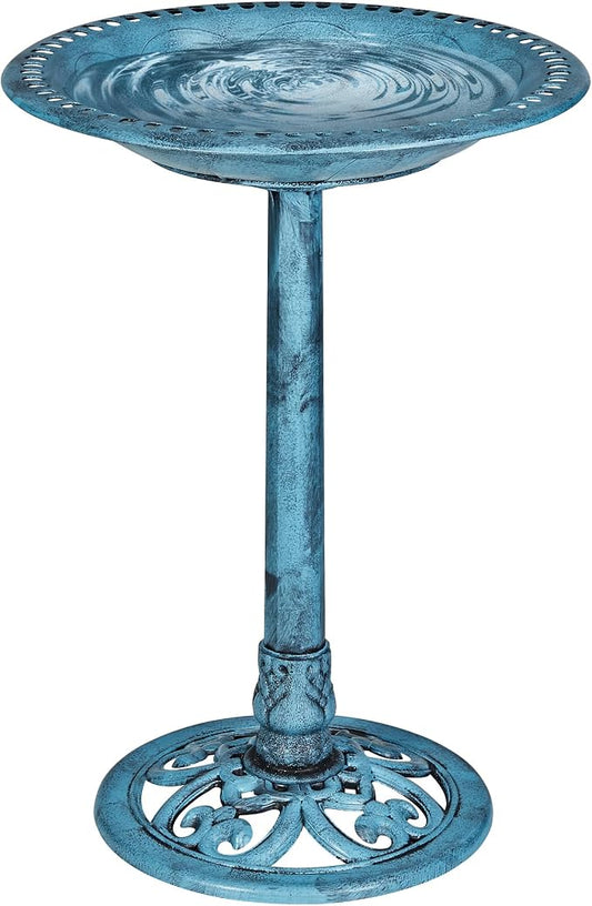VECELO 28" Pedestal Outdoor Bird Bath for Outside, Vintage Bronze Polyresin Lightweight Antique, Yard/Garden Decoration, Blue