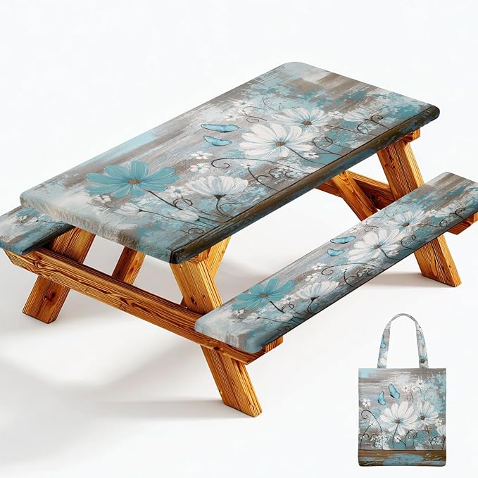 Picnic Table Cover with Bench Covers Elastic Edges, Outdoor Patio Camping Essentials 72 Inch 3PCS, Waterproof Camping Fitted Tablecloth with Handbags (Rustic Daisy Floral Art)