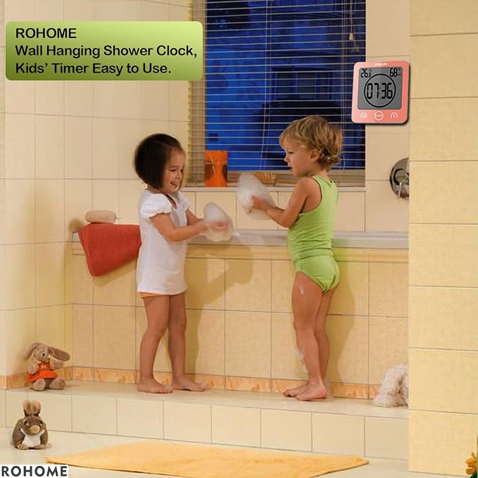 Rohome Digital Timer Waterproof Wall Clock, Kitchen Countdown Timer, Shower Clock with Temperature Humidity, Mirror Suction Cup Bathroom Timer, Wall Hanging for Bath Spa Basement Swimming Pool (Pink)