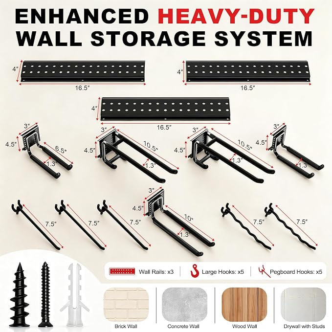 Garage Tool Organizer Wall Mount 49.5 inches with 10 Adjustable Heavy-Duty Hooks, Garage Organization, Garden Tool Storage Rack, Yard, and Shed, Holds Up to 400 lbs
