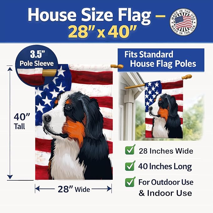 Caroline's Treasures CK6433CHF Bernese Mountain Dog American Flag House Flag Large Porch Sleeve Pole Decorative Outside Yard Banner Artwork Wall Hanging, Polyester, House Size, Multicolor