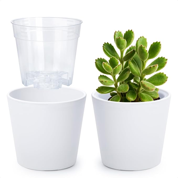 Phoenix Vine 4.5 Inch White Plastic Cachepot with Clear Nursery Pot, Decorative Lightweight Planter Cover with Transparent Inner Pot for Indoor Houseplants, Pack of 2, 24-B-D-2