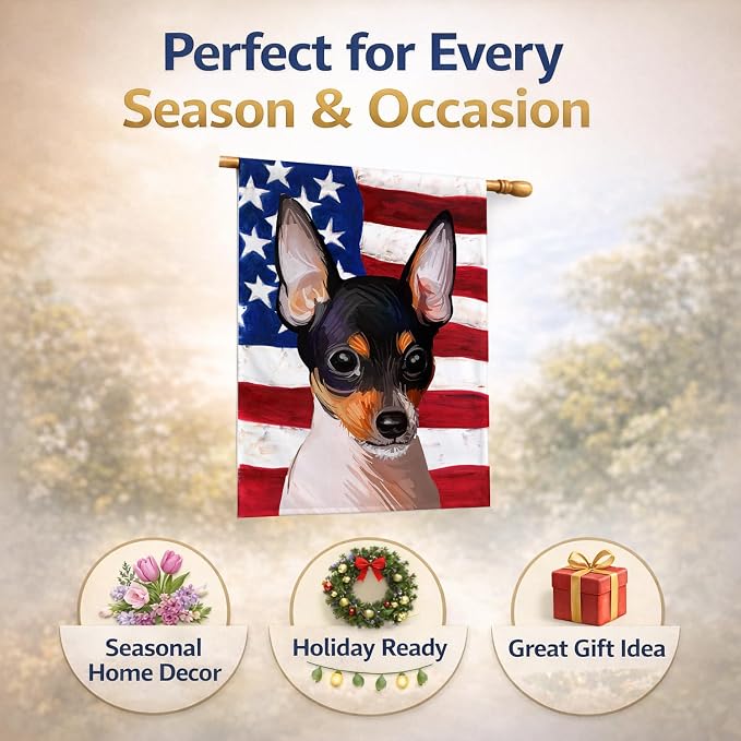 Caroline's Treasures CK6742CHF Toy Fox Terrier American Flag House Flag Large Porch Sleeve Pole Decorative Outside Yard Banner Artwork Wall Hanging, Polyester, House Size, Multicolor