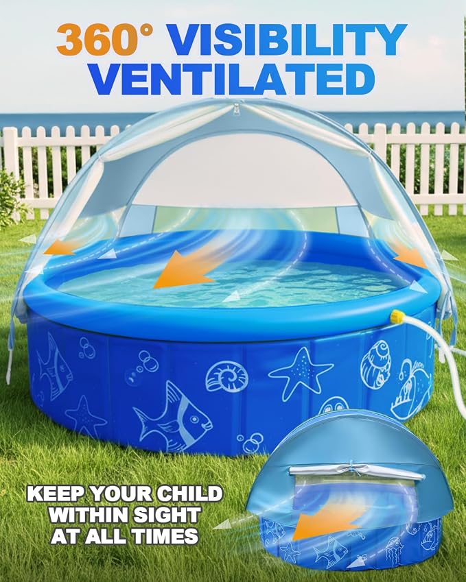 2026 Updated Foldable Kiddie Pool with Canopy and 20 Ocean Balls: 47in for Baby Toddler Kids- Summer Water Play Pool with Sprinkler and Shade - Portable for Outdoor Backyard Beach
