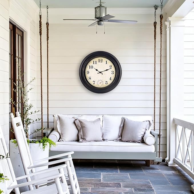 Outdoor Clock Waterproof with Thermometer Wall Clock for Patio Pool Bathroom Kitchen 18 Inch Bronze