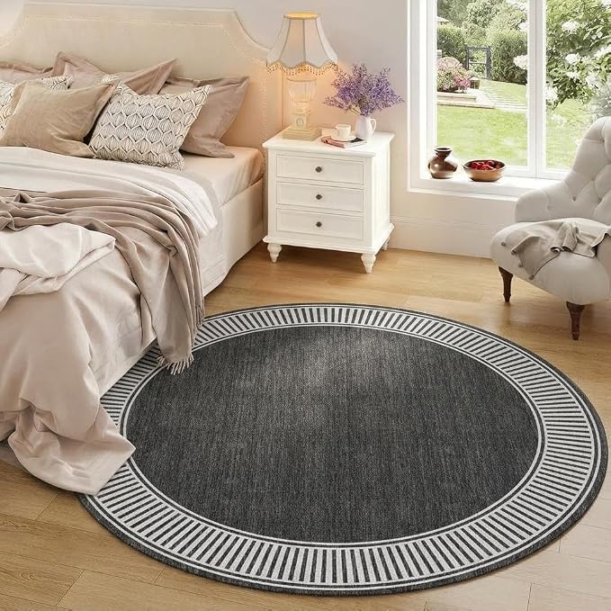 GarveeHome Small Round Rug 4ft Washable Modern Solid Bedroom Rugs | Non Slip Low Pile Black Circle Rugs Dining Room Round Throw Carpet for Living Room Nursery, Black