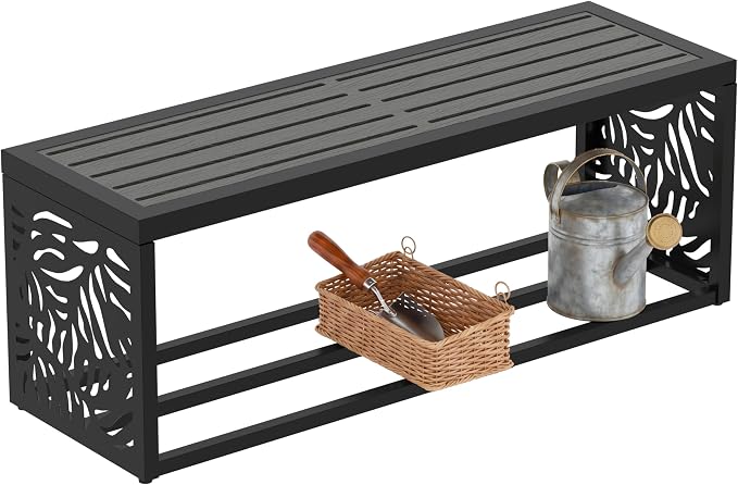 47" Outdoor Garden Bench with Storage Shelf, Modern Black Entryway Bench, Wood-Grain HDPE Seat, Galvanized Steel Frame with Powder Coating for Porch, Yard, Patio, Summer