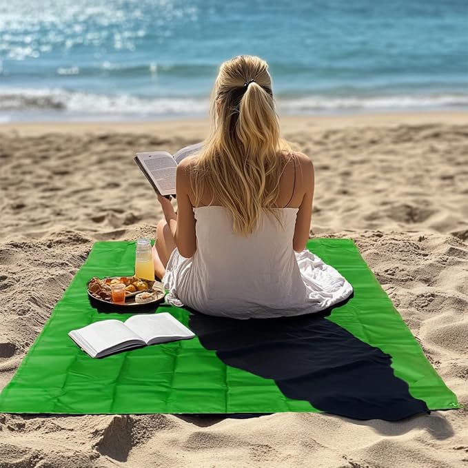 Outdoor Pocket Blanket, 55"x39" Waterproof Foldable Compact Small Picnic Blanket, Ultralight Tarp for Camping, Festival, Beach, Hiking, Backpacking, Travel, Stakes Included (Lime Green)