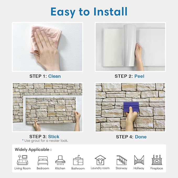 COMSTICKC 3D Faux Stone Wall Sticker Peel and Stick Wall Covering, 12 pcs 22.8" x 11.8", DIY UrltraLight PVC 3D Self Adhesive Fake Brick Rock Paneling Interior Decor,Paintable,Covers 22.48 sq.ft