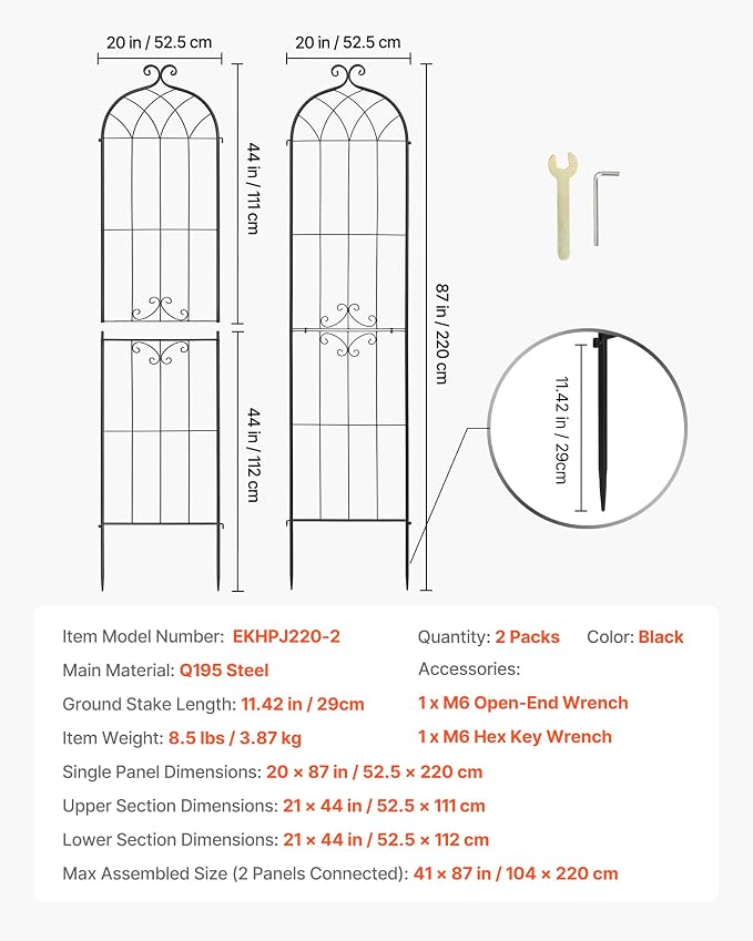 VEVOR Garden Trellis, 87 x 20 inch Rose Trellis, 2 Packs Garden Flower Rose Trellises with Powder-Coated Finish & Convenient Locking Design, Plant Support Trellises for Flowers, Vegetables, Roses