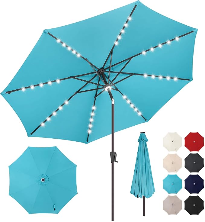 10ft Solar Umbrella Outdoor - Lighted Solar Patio Umbrella with 40 LED Lights Waterproof UV Protection, Table Umbrella with Tilt for Pool, Porch, Garden, Deck, Backyard (Aqua Blue)