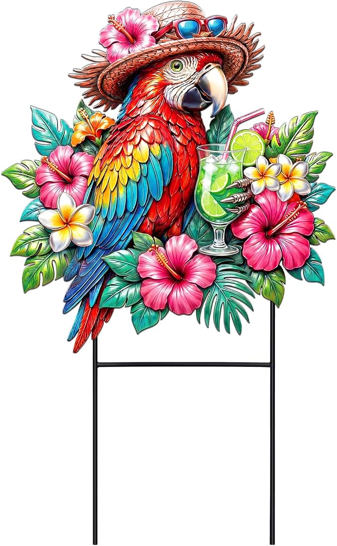 Amyhill Tropical Outdoor Decor 2026vbs Parrot Metal Garden Stakes 25 Inch Jungle Leaves Welcome Yard Signs Decorative Garden Stakes for Patio Lawn Walkway Backyard Porch Luau Rainforest Party Supplies