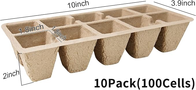 Seed Starter Tray 100 Cells, Biodegradable Peat Pots for Seedlings, 10 Pack 1.8" Square Pulp Nursery Cups with 100 Plant Labels and 2 Transplant Tools for Vegetable Herb