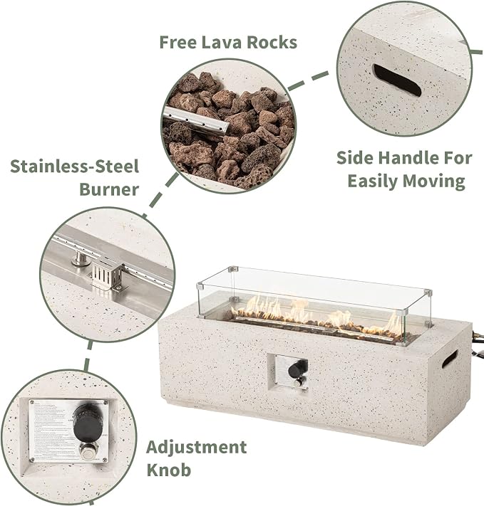 COSIEST Outdoor Propane Fire Pit Coffee Table, 42-inch x 13-inch Terrazzo Rectangle Base Patio Heater w Certified, 50,000 BTU Stainless Steel Burner, Wind Guard, Free Lava Rocks and Rain Cover
