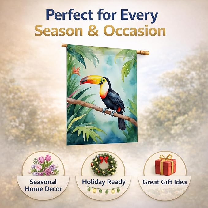 Caroline's Treasures Toucan House Flag Large Porch Sleeve Pole Decorative Outside Yard Banner Artwork Wall Hanging, Polyester, House Size, Multicolor