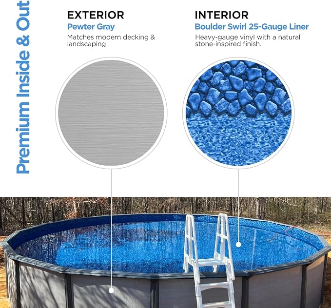 AquaDoc Coventry Round Steel Wall Above Ground Pool Kit 27' x 52" | Elite Package in Pewter Gray Finish - Sand Filter, Ladder, Skimmer, 25 Gauge Liner, Floor Pad and Cove, Made in North America
