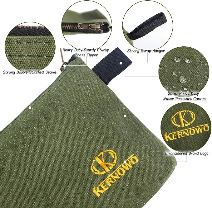 Premium Canvas Tool Pouch Zipper Bag,Small Tool Bag,Multipurpose Storage Pouch(4Pack 12.75x8x2.25 inch 20oz Water Resistant Heavy Duty Army Green Flat Bottom Tool Bag with Brass Zipper)