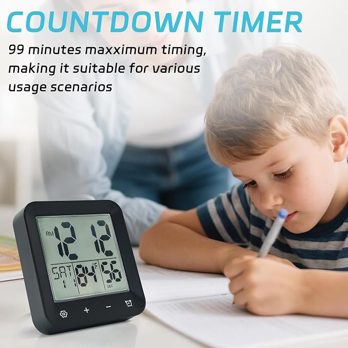 Digital Shower Clock Waterproof,Bathroom Extra Large LCD Screen Wall Clock Timer,Countdown,Moisture Proof,Anti Splash,Display Temperature,Time,Date and Day of the Week,Suction Cup,Hanging,Hole Stand