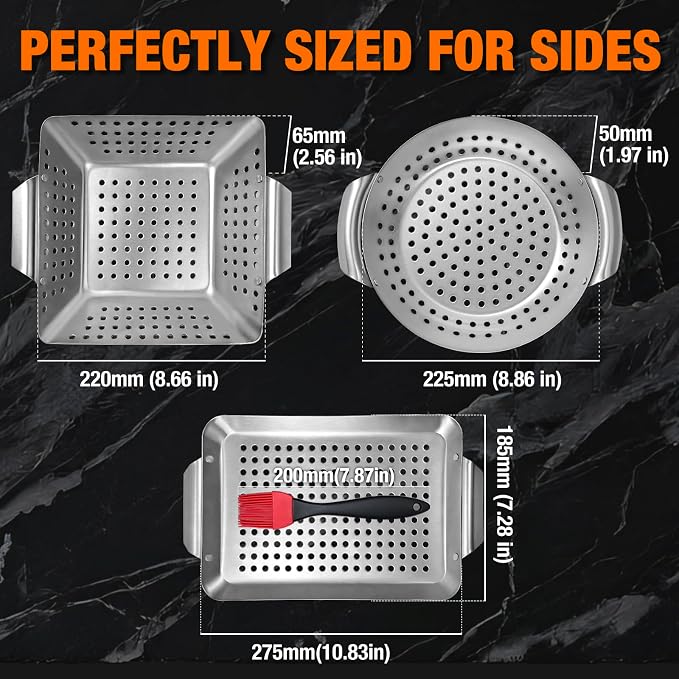 3 Piece Stainless Steel Grill Basket Set with Basting Brush, Heavy Duty Small Vegetable Grill Basket for Outdoor Grill - Perforated Compact BBQ Grill Pan & Wok Accessories for Gas, Charcoal, Veggies