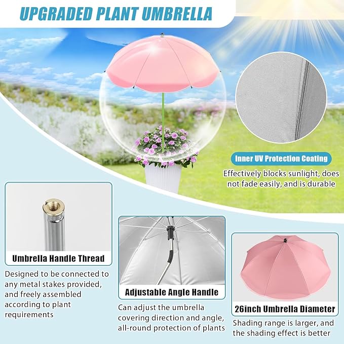 Axcoix 8 Pack Upgraded Plant Umbrellas for Outdoor Plants, 26" Larger Garden Plant Umbrella Shade with Adjustable Angle, 43.4" Higher Sun Shade for Plants, Potted Plant, Garden Beds
