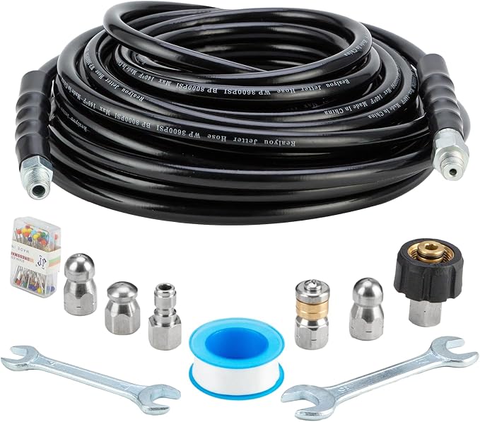 Sewer Jetter Kit 50FT for Pressure Washer, Pressure Washer Drain Jetter with 5800PSI Cleaner Hose 1/4 Inch NPT, Corner, Rotating & Button Nose Sewer Jetting Nozzle Spanner Waterproof Tape Pearl Pin