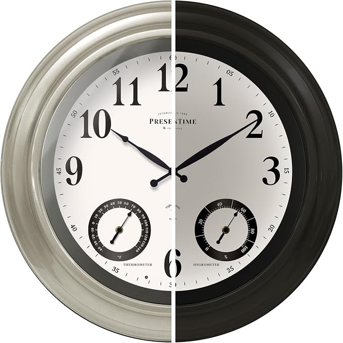 Presentime & Co 24" Jameson Illuminated in/Outdoor Clock, Modern Farmhouse, Self-Illuminated, Waterproof, Weather Station (Thermometer & Hygrometer), Metal Clock, Morning Silver. (Night Light)