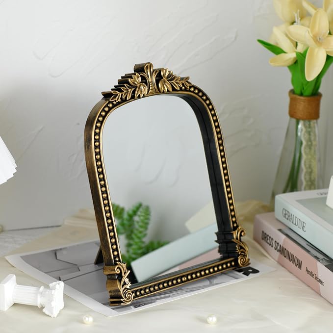 Vintage Gold Plastic Arched Makeup Mirror, Standing, Hanging or Wall Mount, Bathroom, Living Room, Bedroom Decorative Mirror (Bronze-10.6x8.6 inch)