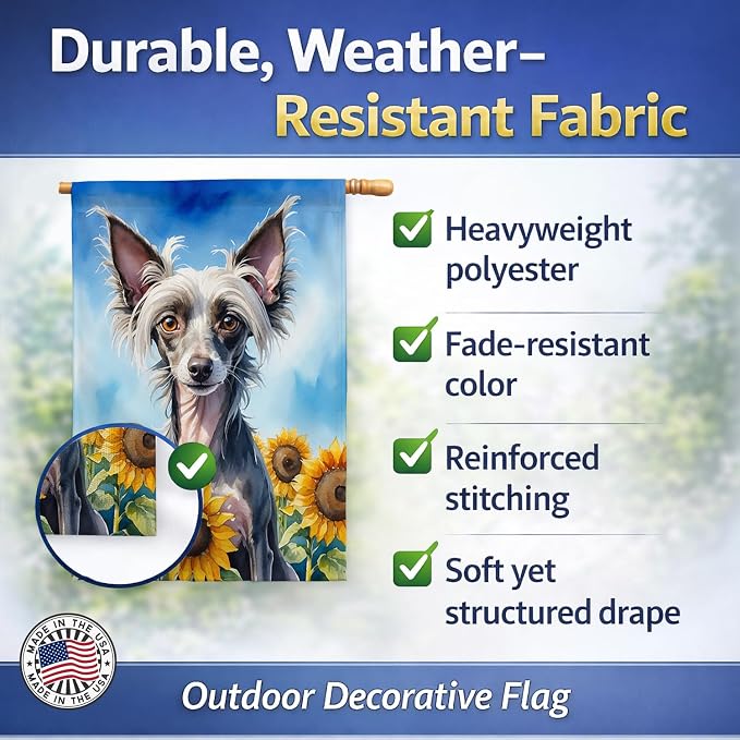 Caroline's Treasures DAC6053CHF Chinese Crested in Sunflowers House Flag Large Porch Sleeve Pole Decorative Outside Yard Banner Artwork Wall Hanging, Polyester, House Size, Multicolor